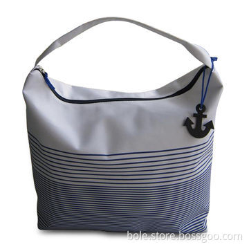 70D Nylon Beach Bag, Long Handle to Carry, Nice Stripe Printing Design with Anchor Decoration